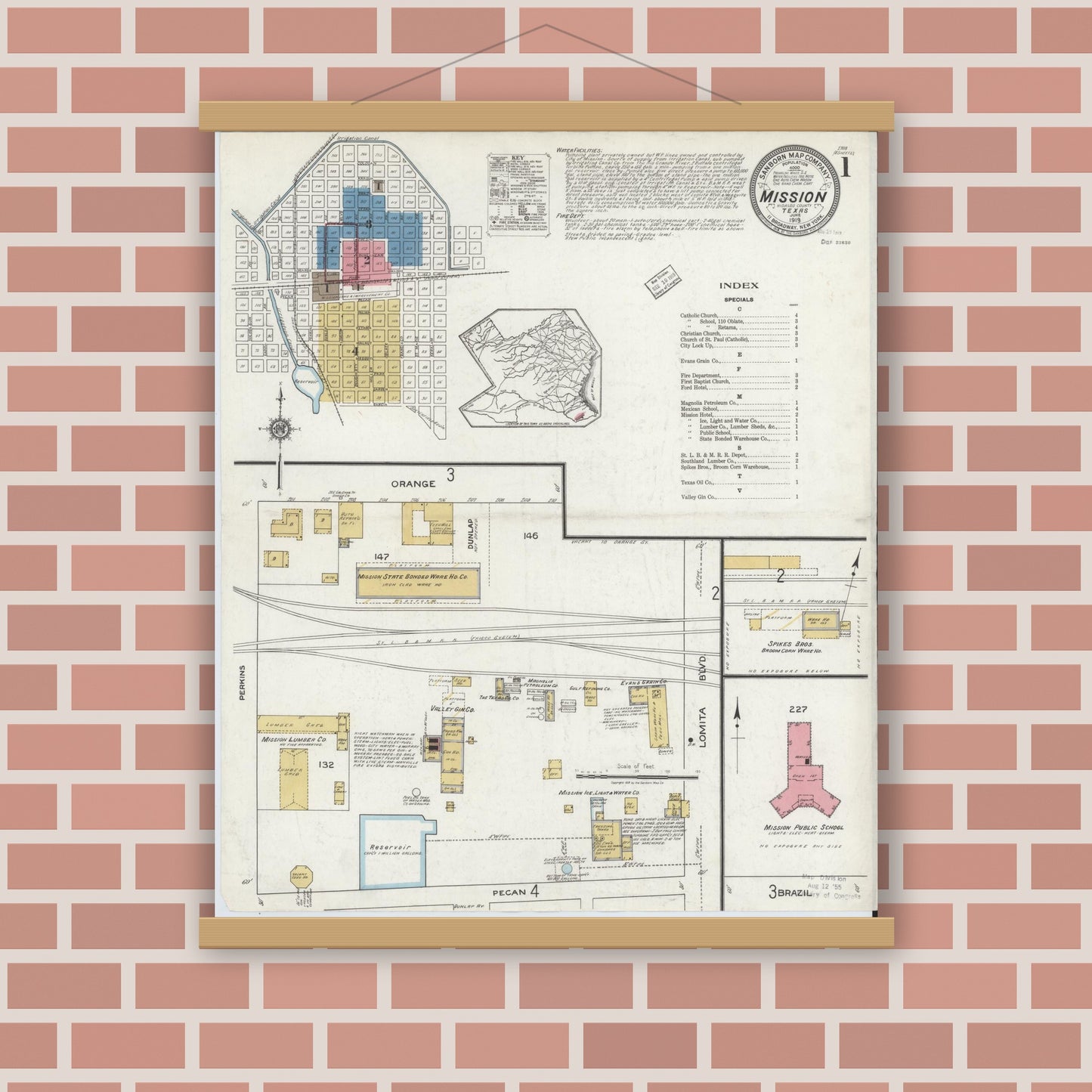 Old map wall art mockup — magnetic wood frame on brick wall — Sanborn Fire Insurance Map from Mission, Hidalgo County, Texas (1919), Sheet #0001