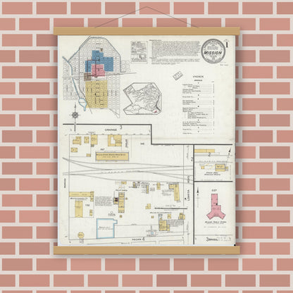 Old map wall art mockup — magnetic wood frame on brick wall — Sanborn Fire Insurance Map from Mission, Hidalgo County, Texas (1919), Sheet #0001