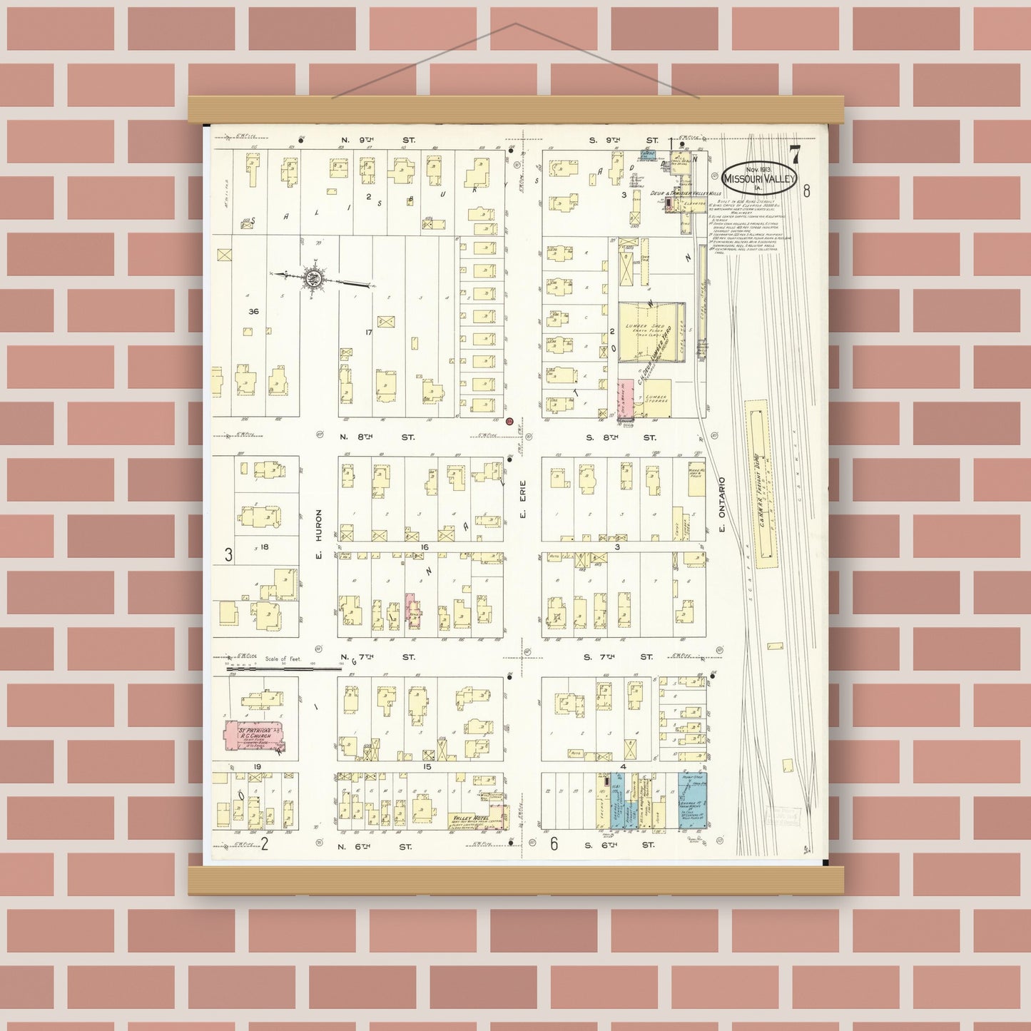 Old map wall art mockup — magnetic wood frame on brick wall — Sanborn Fire Insurance Map from Missouri Valley, Harrison County, Iowa (1913), Sheet #0007