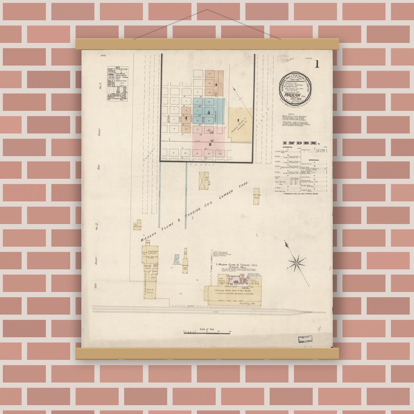 Old map wall art mockup — magnetic wood frame on brick wall — Sanborn Fire Insurance Map from Madera, Madera County, California (1888) - Complete Map Set