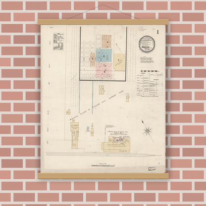 Old map wall art mockup — magnetic wood frame on brick wall — Sanborn Fire Insurance Map from Madera, Madera County, California (1888) - Complete Map Set