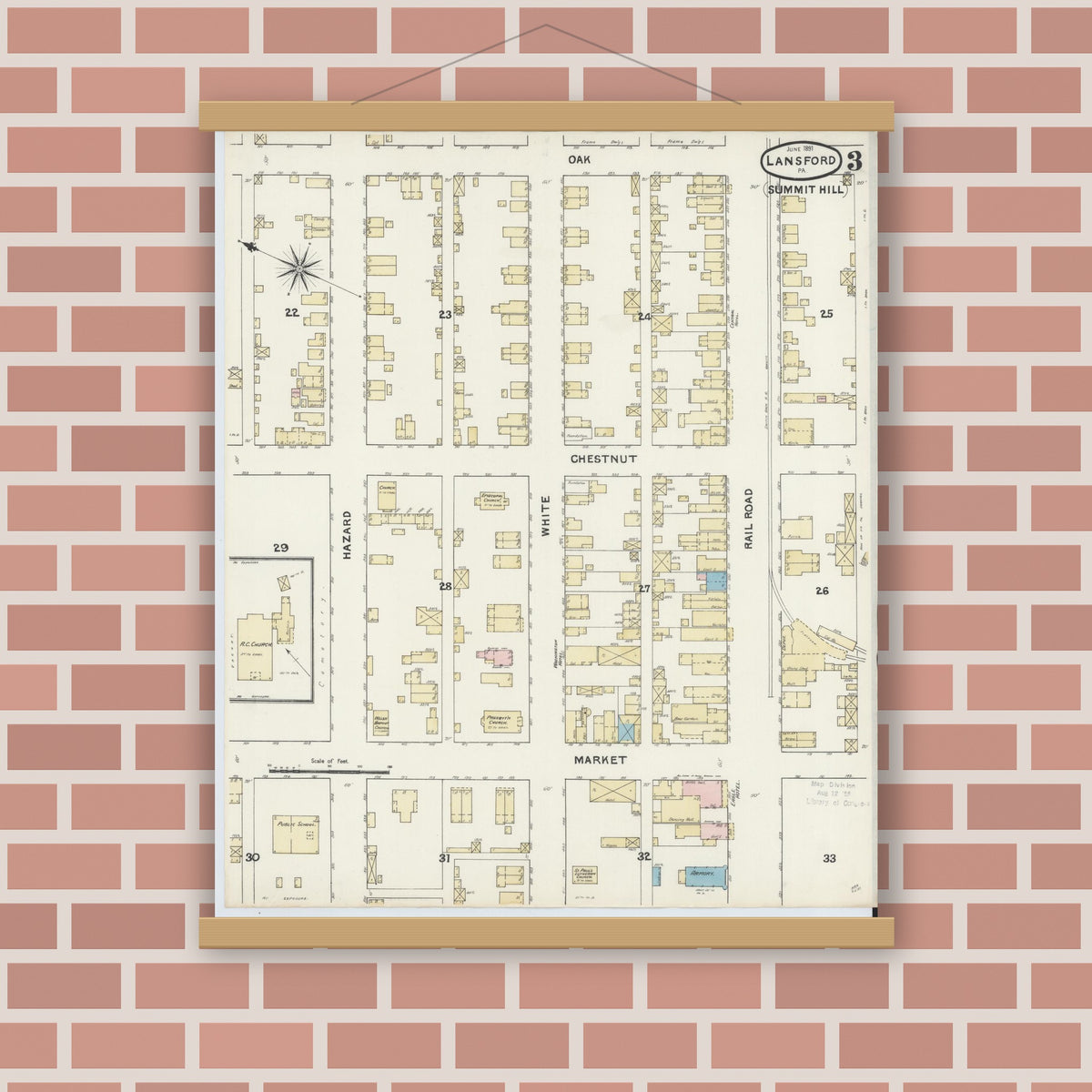 Old map wall art mockup — magnetic wood frame on brick wall — Sanborn Fire Insurance Map from Lansford, Carbon County, Pennsylvania (1891), Sheet #0003