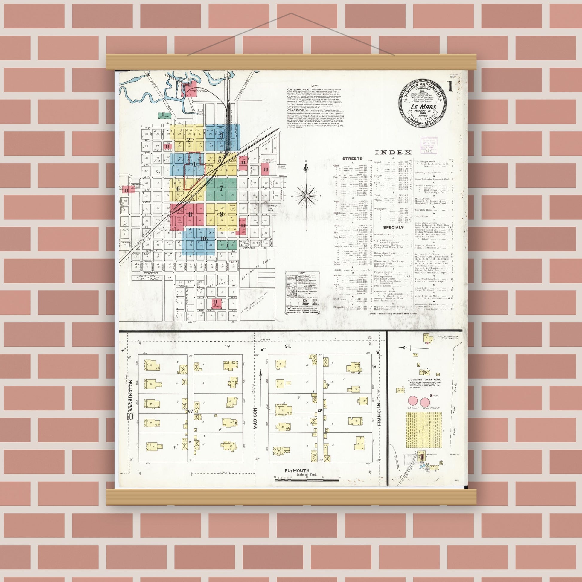 Old map wall art mockup — magnetic wood frame on brick wall — Sanborn Fire Insurance Map from Le Mars, Plymouth County, Iowa (1907), Sheet #0001