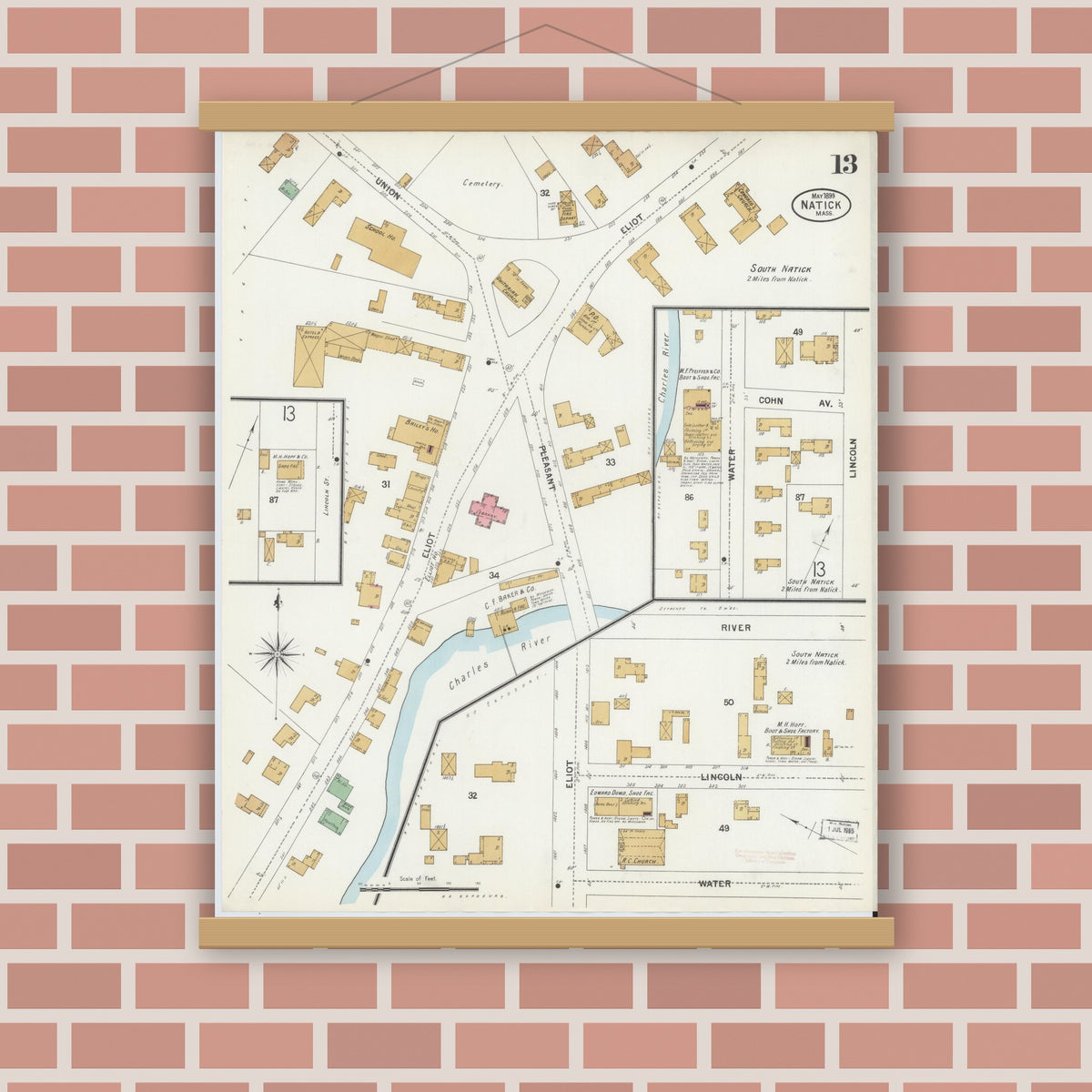 Old map wall art mockup — magnetic wood frame on brick wall — Sanborn Fire Insurance Map from Natick, Middlesex County, Massachusetts (1899), Sheet #0013