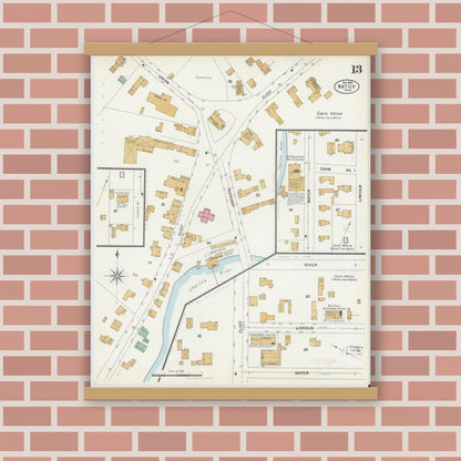 Old map wall art mockup — magnetic wood frame on brick wall — Sanborn Fire Insurance Map from Natick, Middlesex County, Massachusetts (1899), Sheet #0013