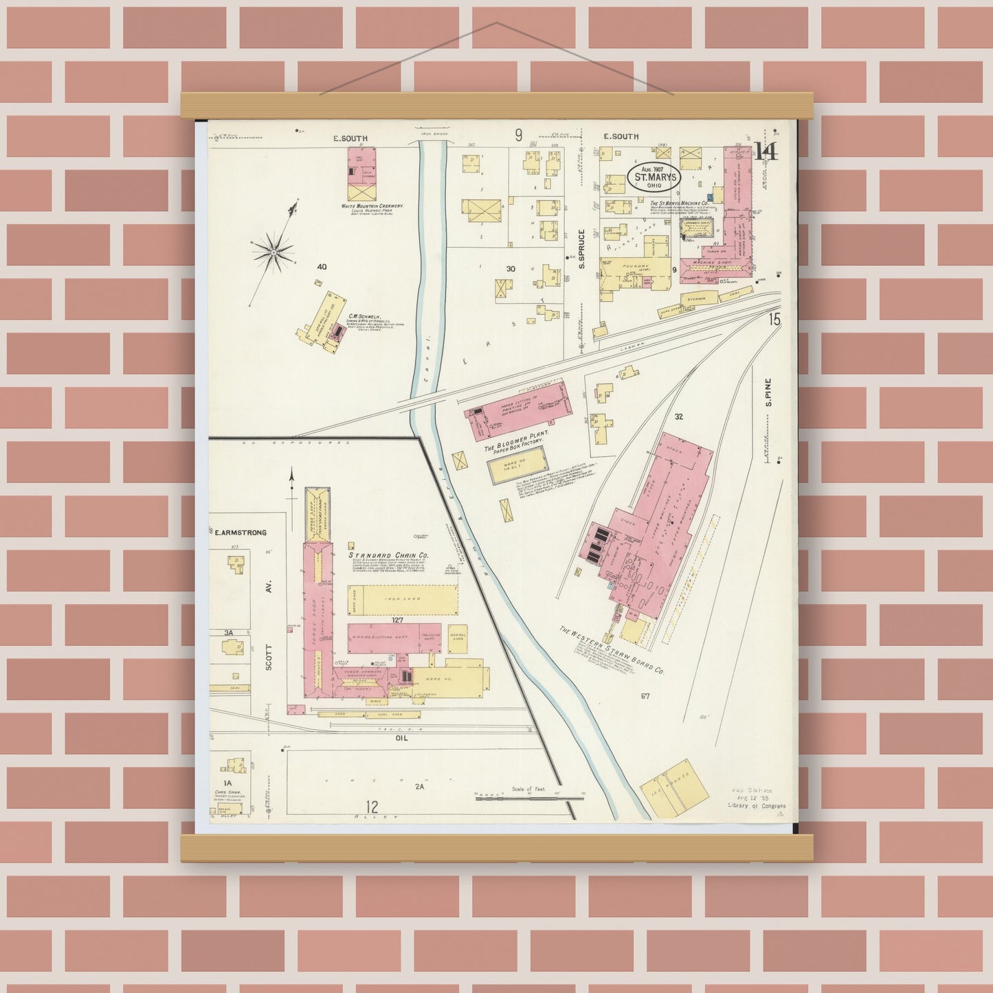 Old map wall art mockup — magnetic wood frame on brick wall — Sanborn Fire Insurance Map from Saint Marys, Auglaize County, Ohio (1907), Sheet #0014