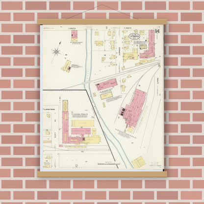 Old map wall art mockup — magnetic wood frame on brick wall — Sanborn Fire Insurance Map from Saint Marys, Auglaize County, Ohio (1907), Sheet #0014