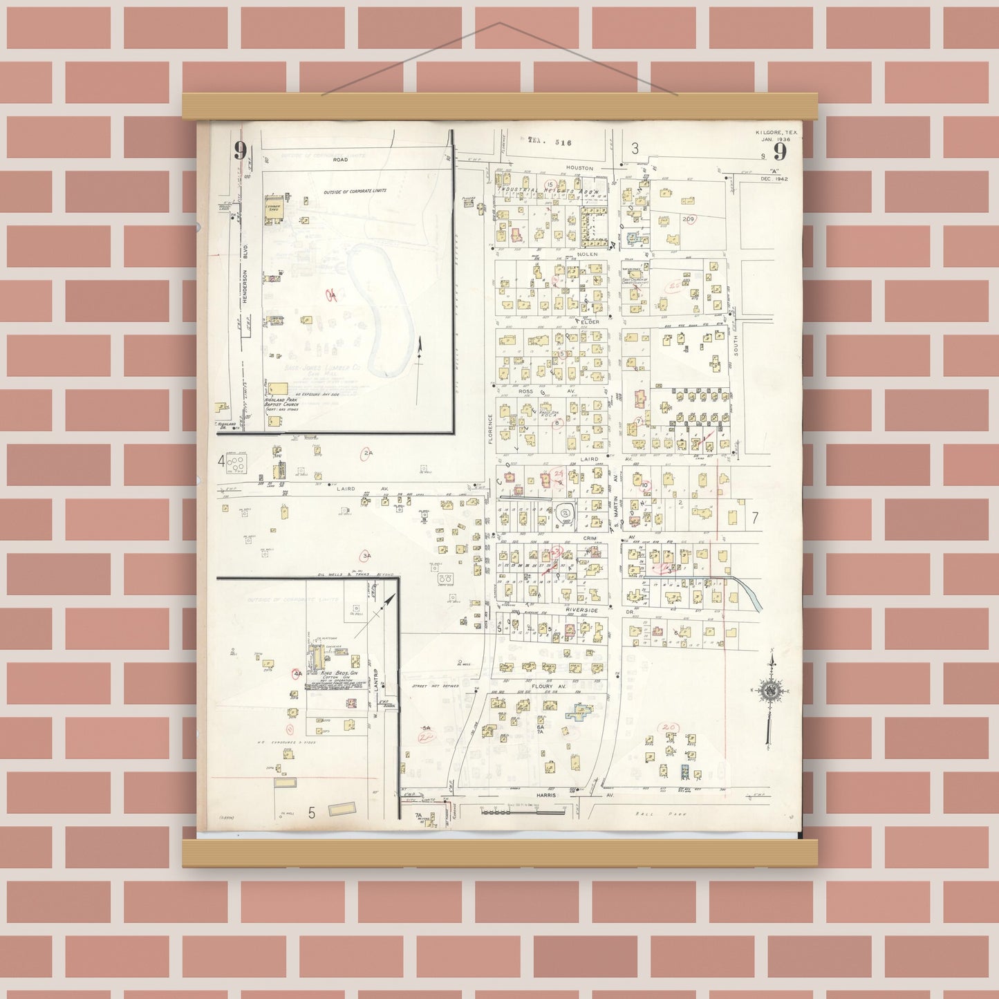 Old map wall art mockup — magnetic wood frame on brick wall — Sanborn Fire Insurance Map from Kilgore, Gregg County, Texas (1950), Sheet #0009