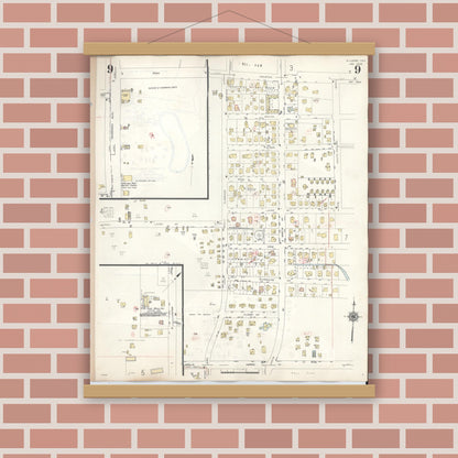 Old map wall art mockup — magnetic wood frame on brick wall — Sanborn Fire Insurance Map from Kilgore, Gregg County, Texas (1950), Sheet #0009