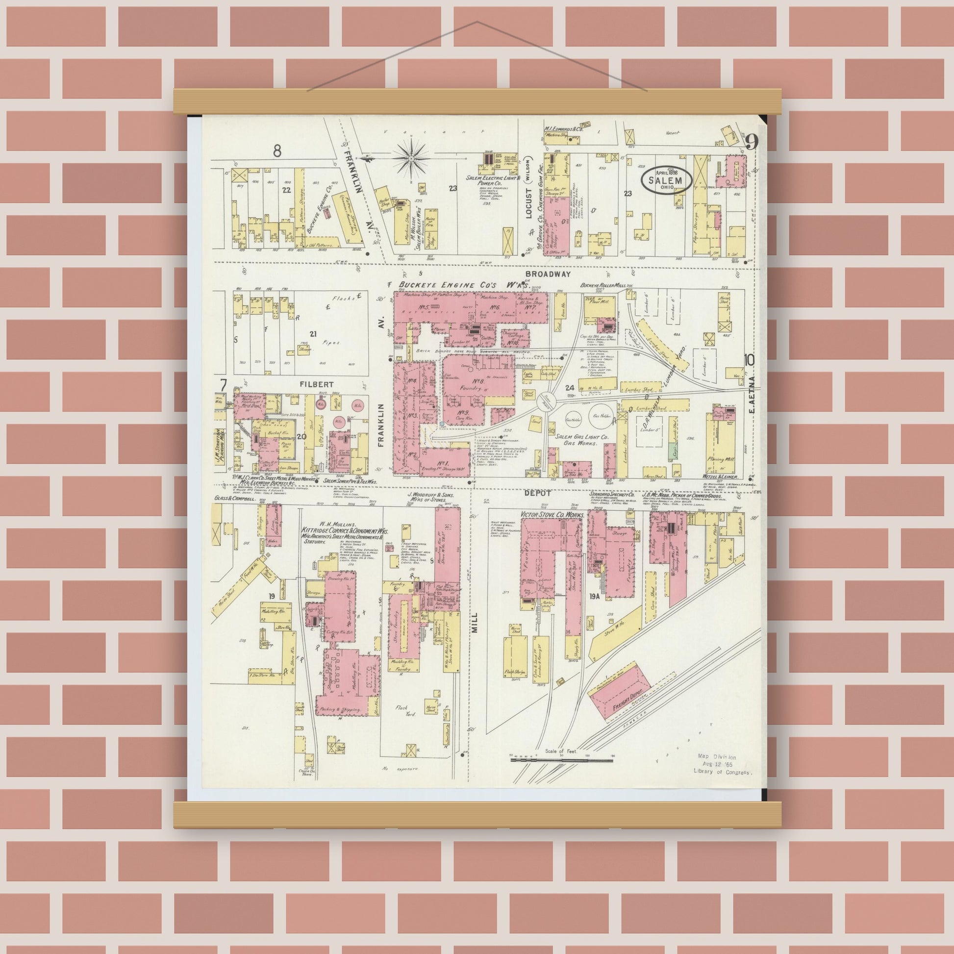 Old map wall art mockup — magnetic wood frame on brick wall — Sanborn Fire Insurance Map from Salem, Columbiana County, Ohio (1898), Sheet #0009