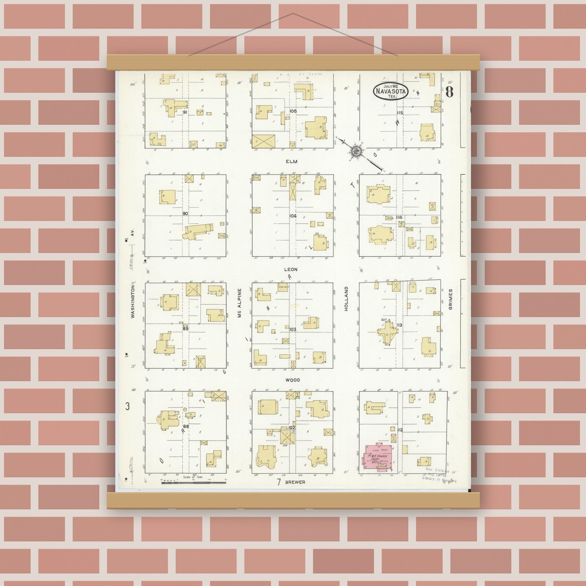 Old map wall art mockup — magnetic wood frame on brick wall — Sanborn Fire Insurance Map from Navasota, Grimes County, Texas (1912), Sheet #0008