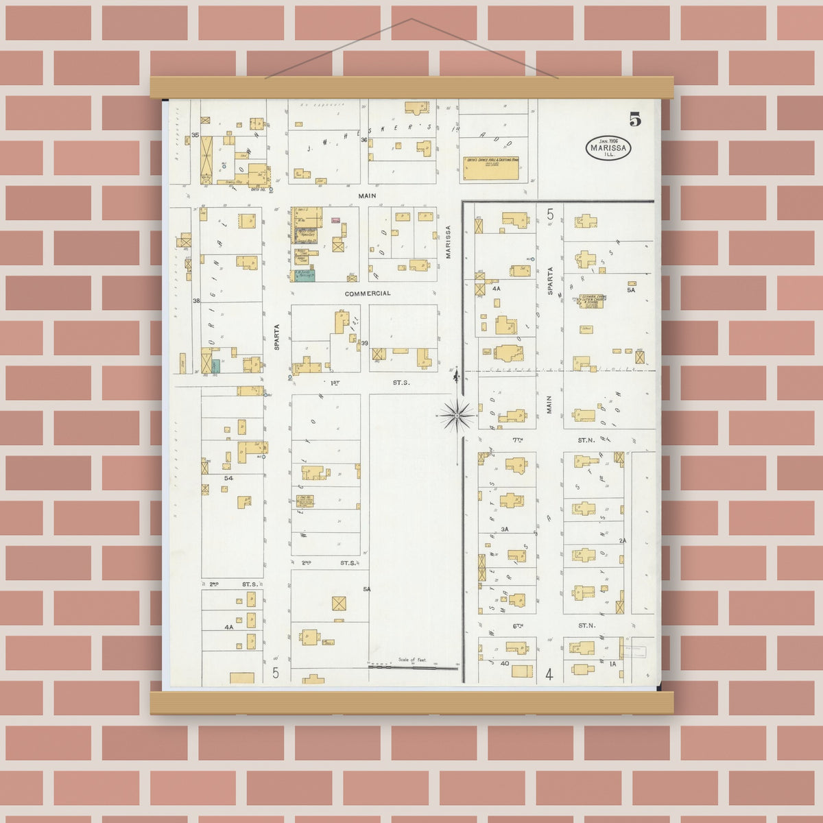 Old map wall art mockup — magnetic wood frame on brick wall — Sanborn Fire Insurance Map from Marissa, Saint Clair County, Illinois (1906), Sheet #0005