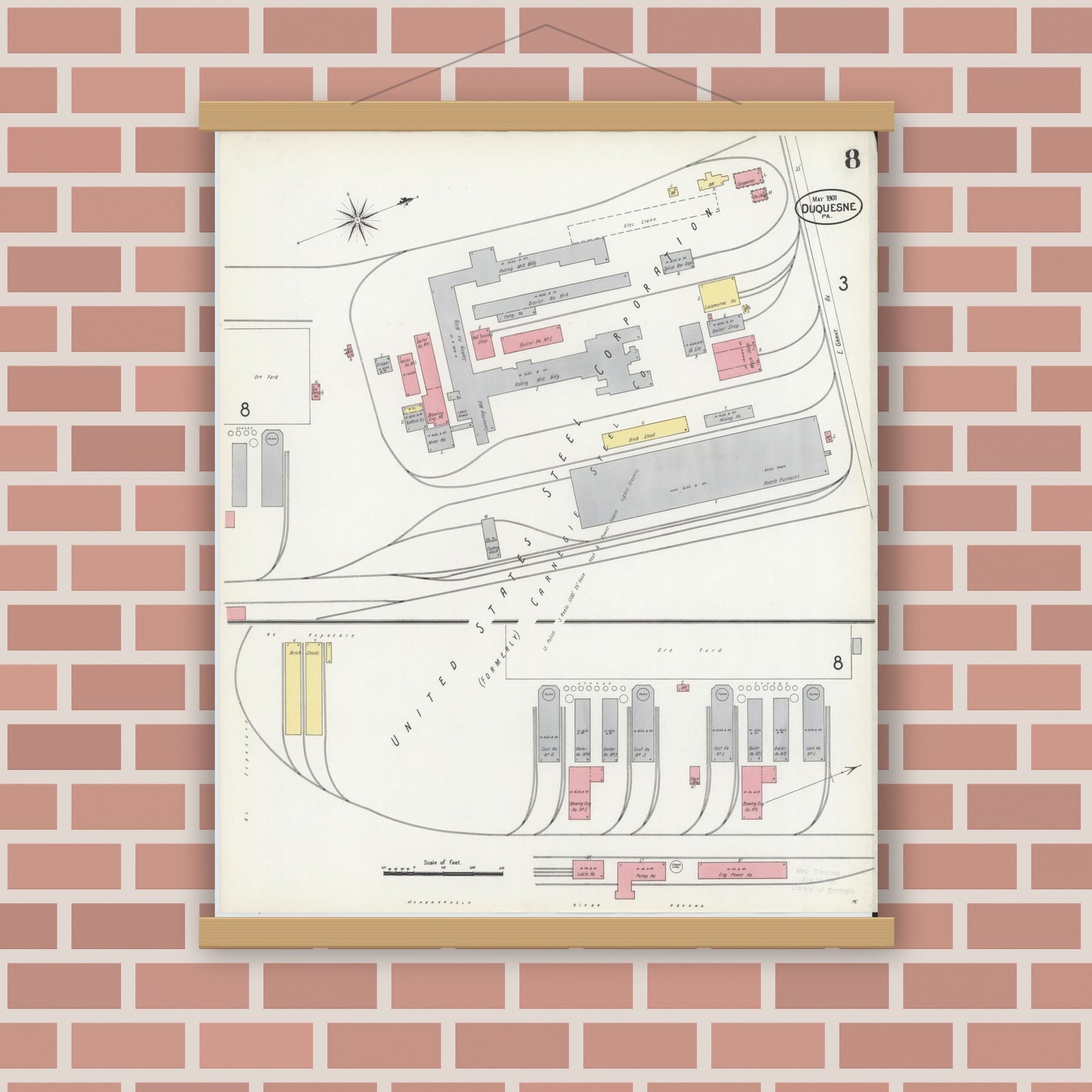 Old map wall art mockup — magnetic wood frame on brick wall — Sanborn Fire Insurance Map from Duquesne, Allegheny County, Pennsylvania (1901), Sheet #0008