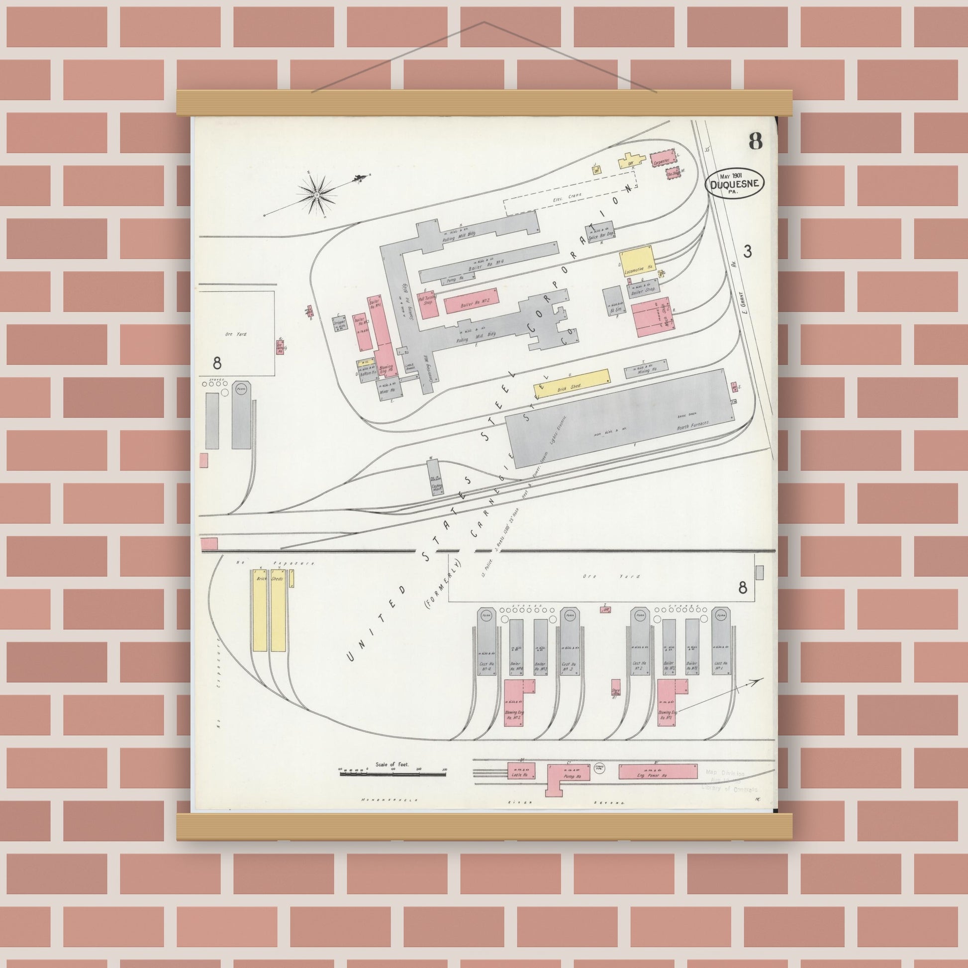 Old map wall art mockup — magnetic wood frame on brick wall — Sanborn Fire Insurance Map from Duquesne, Allegheny County, Pennsylvania (1901), Sheet #0008