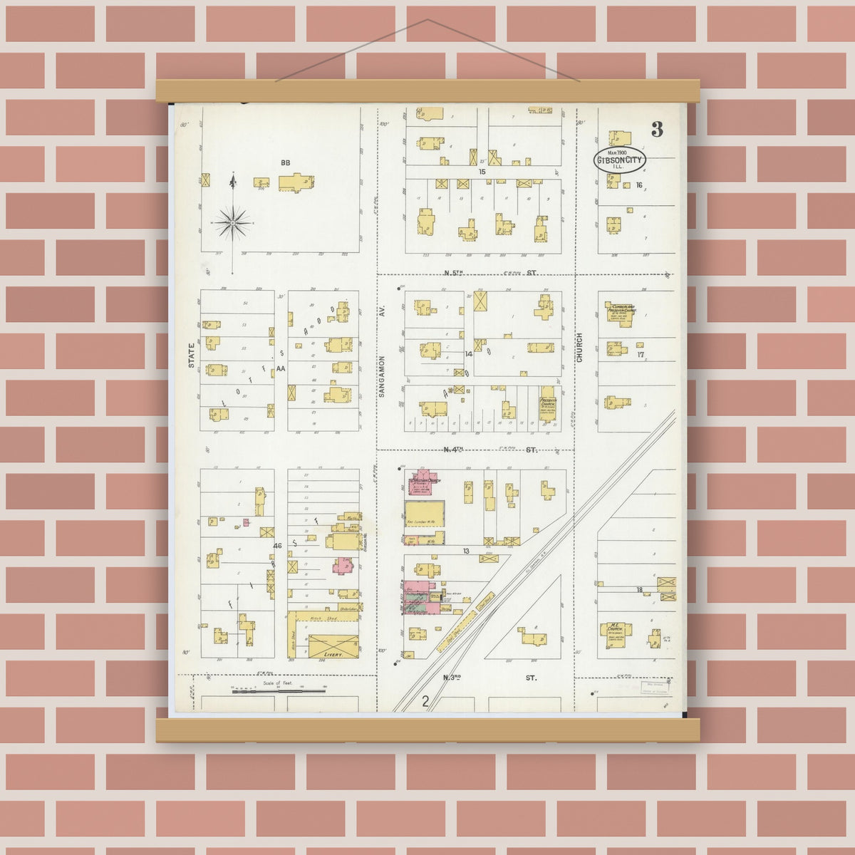 Old map wall art mockup — magnetic wood frame on brick wall — Sanborn Fire Insurance Map from Gibson City, Ford County, Illinois (1900), Sheet #0003