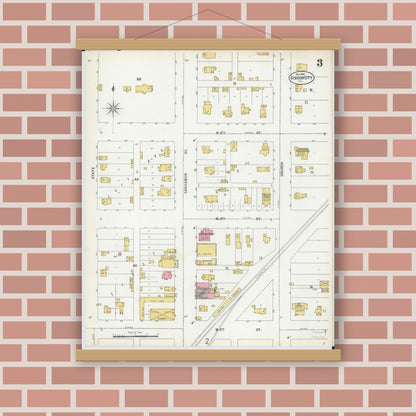 Old map wall art mockup — magnetic wood frame on brick wall — Sanborn Fire Insurance Map from Gibson City, Ford County, Illinois (1900), Sheet #0003