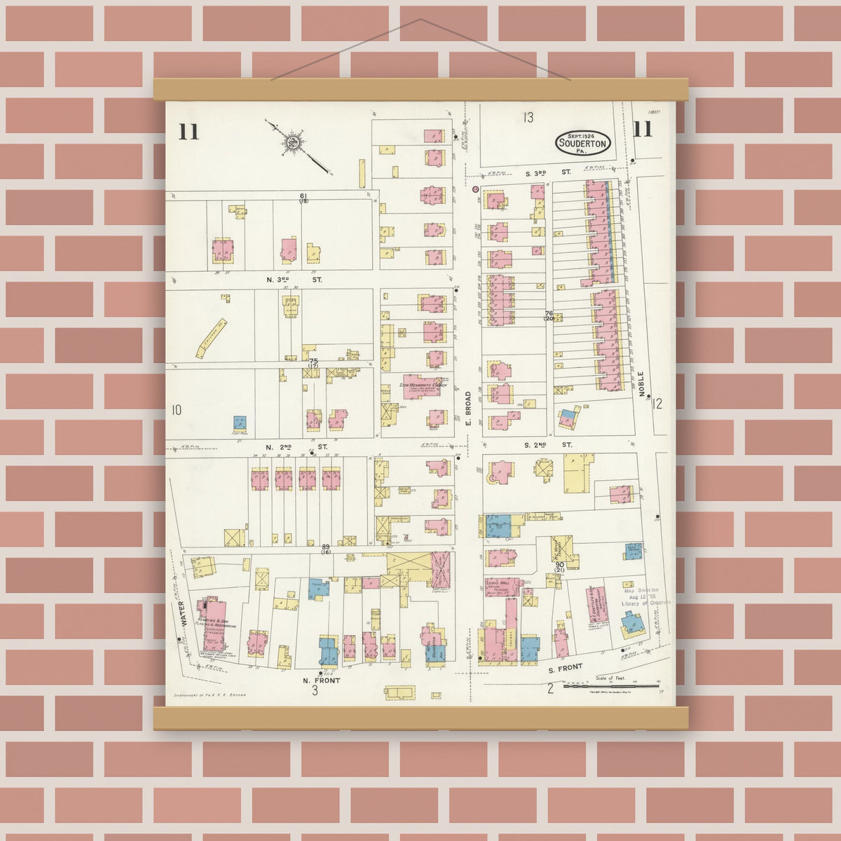 Old map wall art mockup — magnetic wood frame on brick wall — Sanborn Fire Insurance Map from Souderton, Montgomery County, Pennsylvania (1924), Sheet #0011
