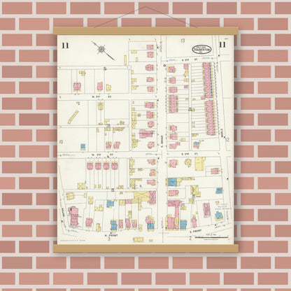 Old map wall art mockup — magnetic wood frame on brick wall — Sanborn Fire Insurance Map from Souderton, Montgomery County, Pennsylvania (1924), Sheet #0011
