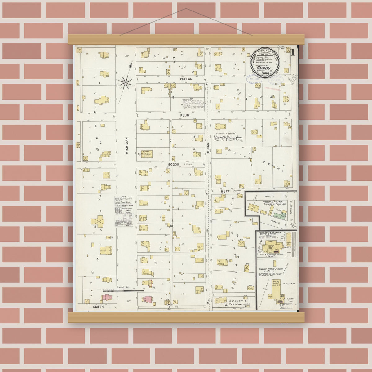 Old map wall art mockup — magnetic wood frame on brick wall — Sanborn Fire Insurance Map from Argos, Marshall County, Indiana (1898) - Complete Map Set