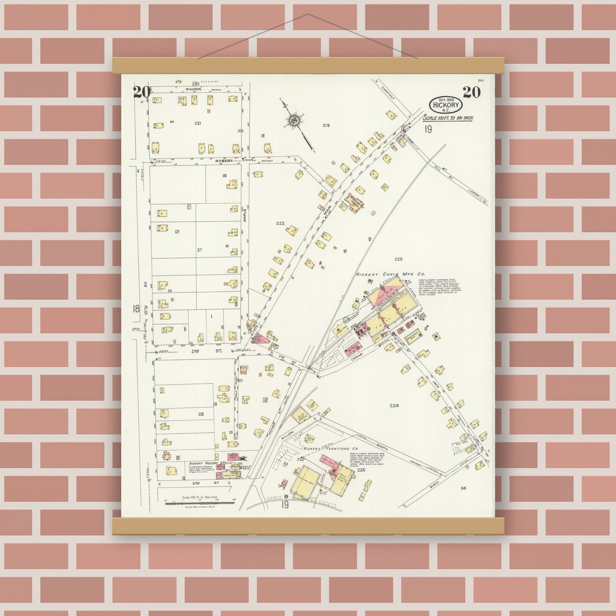 Old map wall art mockup — magnetic wood frame on brick wall — Sanborn Fire Insurance Map from Hickory, Catawba County, North Carolina (1925), Sheet #0020