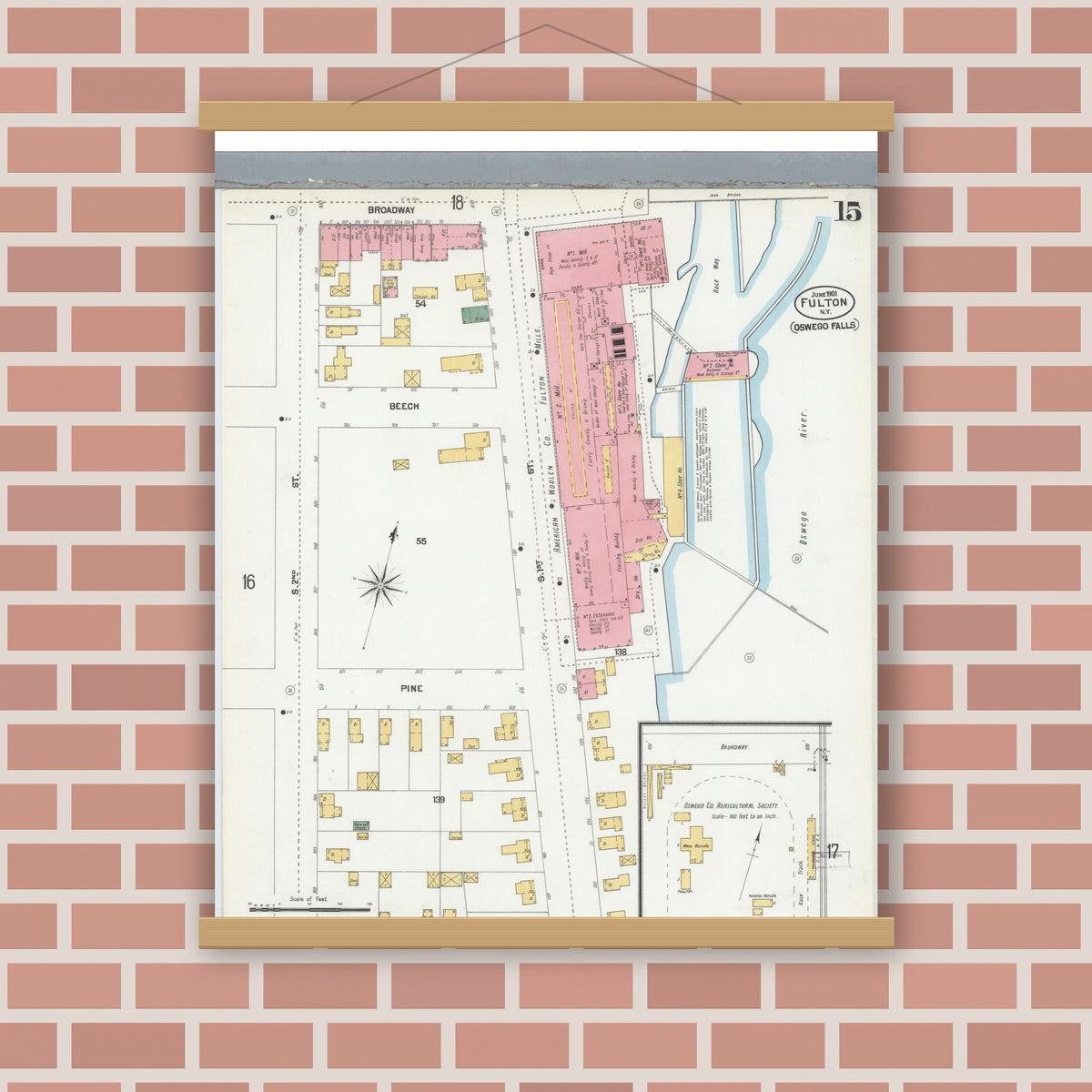 Old map wall art mockup — magnetic wood frame on brick wall — Sanborn Fire Insurance Map from Fulton, Oswego County, New York (1901), Sheet #0015