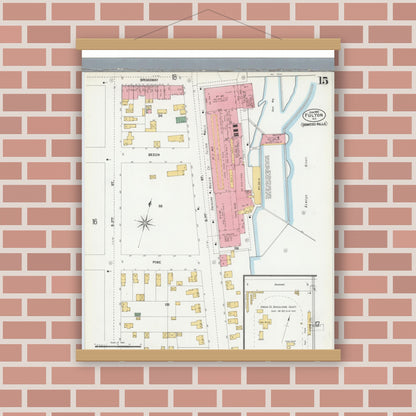 Old map wall art mockup — magnetic wood frame on brick wall — Sanborn Fire Insurance Map from Fulton, Oswego County, New York (1901), Sheet #0015