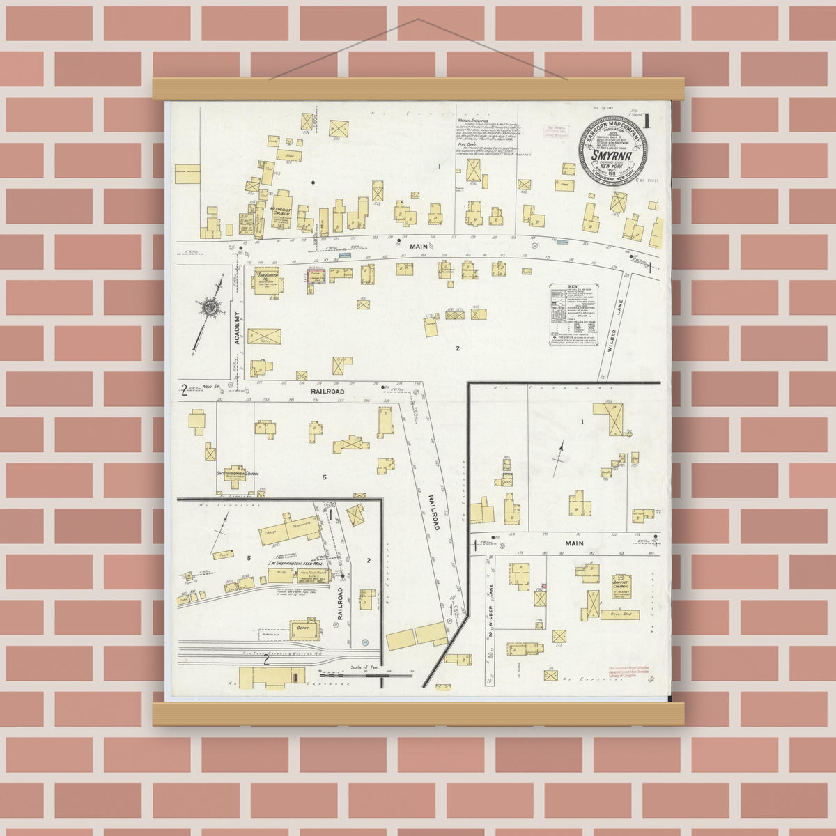 Old map wall art mockup — magnetic wood frame on brick wall — Sanborn Fire Insurance Map from Smyrna, Chenango County, New York (1911) - Complete Map Set