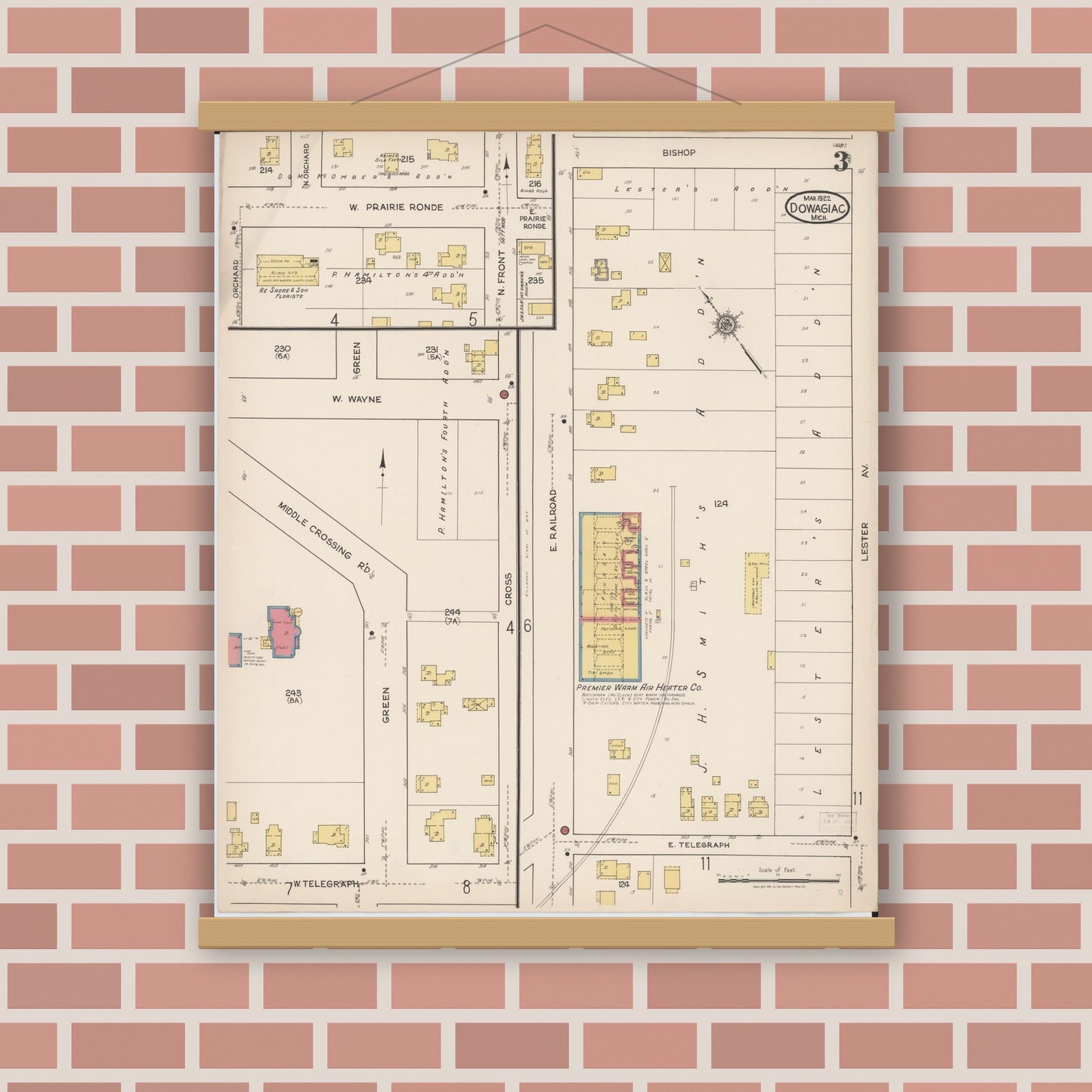 Old map wall art mockup — magnetic wood frame on brick wall — Sanborn Fire Insurance Map from Dowagiac, Cass County, Michigan (1922), Sheet #0003