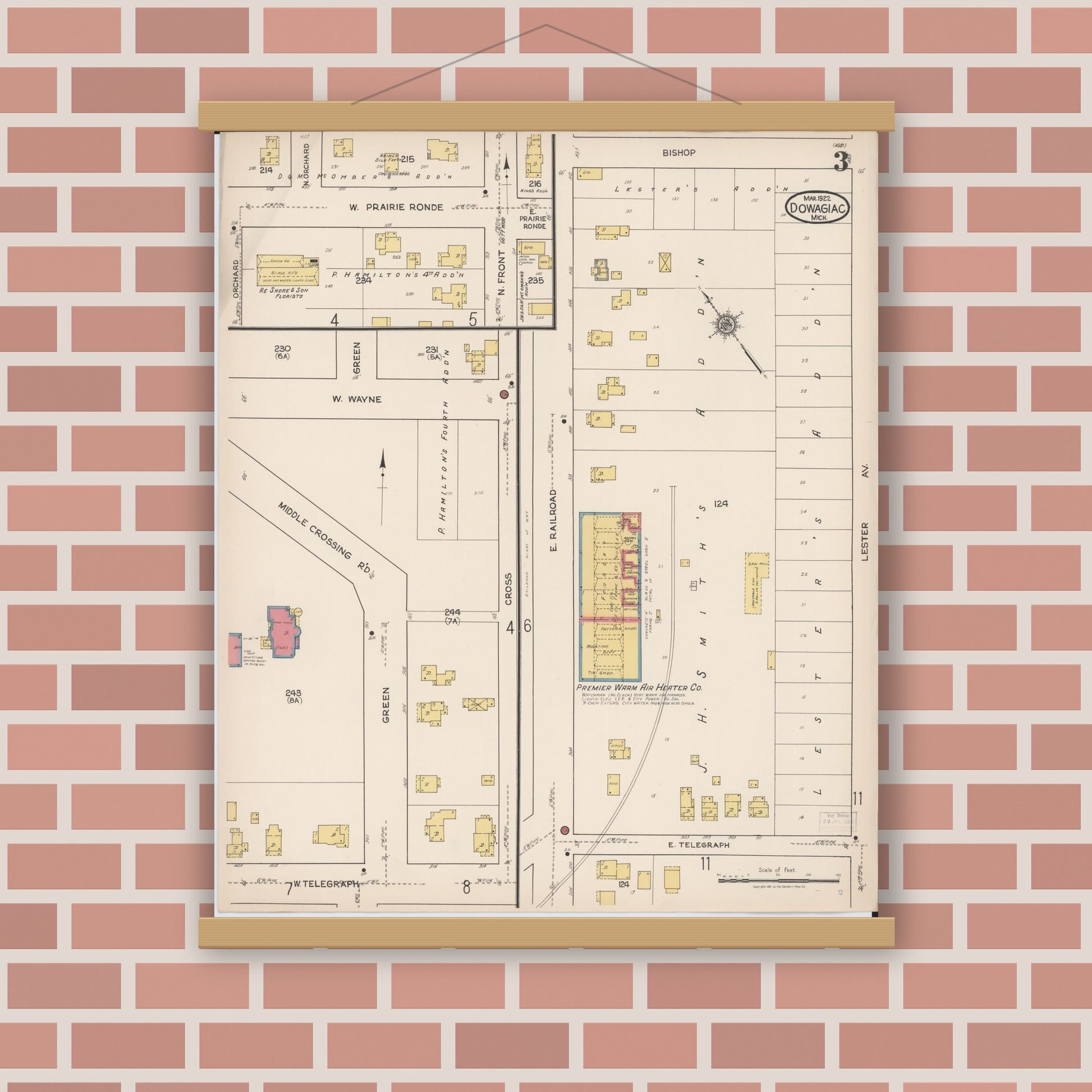 Old map wall art mockup — magnetic wood frame on brick wall — Sanborn Fire Insurance Map from Dowagiac, Cass County, Michigan (1922), Sheet #0003