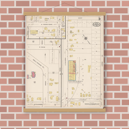 Old map wall art mockup — magnetic wood frame on brick wall — Sanborn Fire Insurance Map from Dowagiac, Cass County, Michigan (1922), Sheet #0003