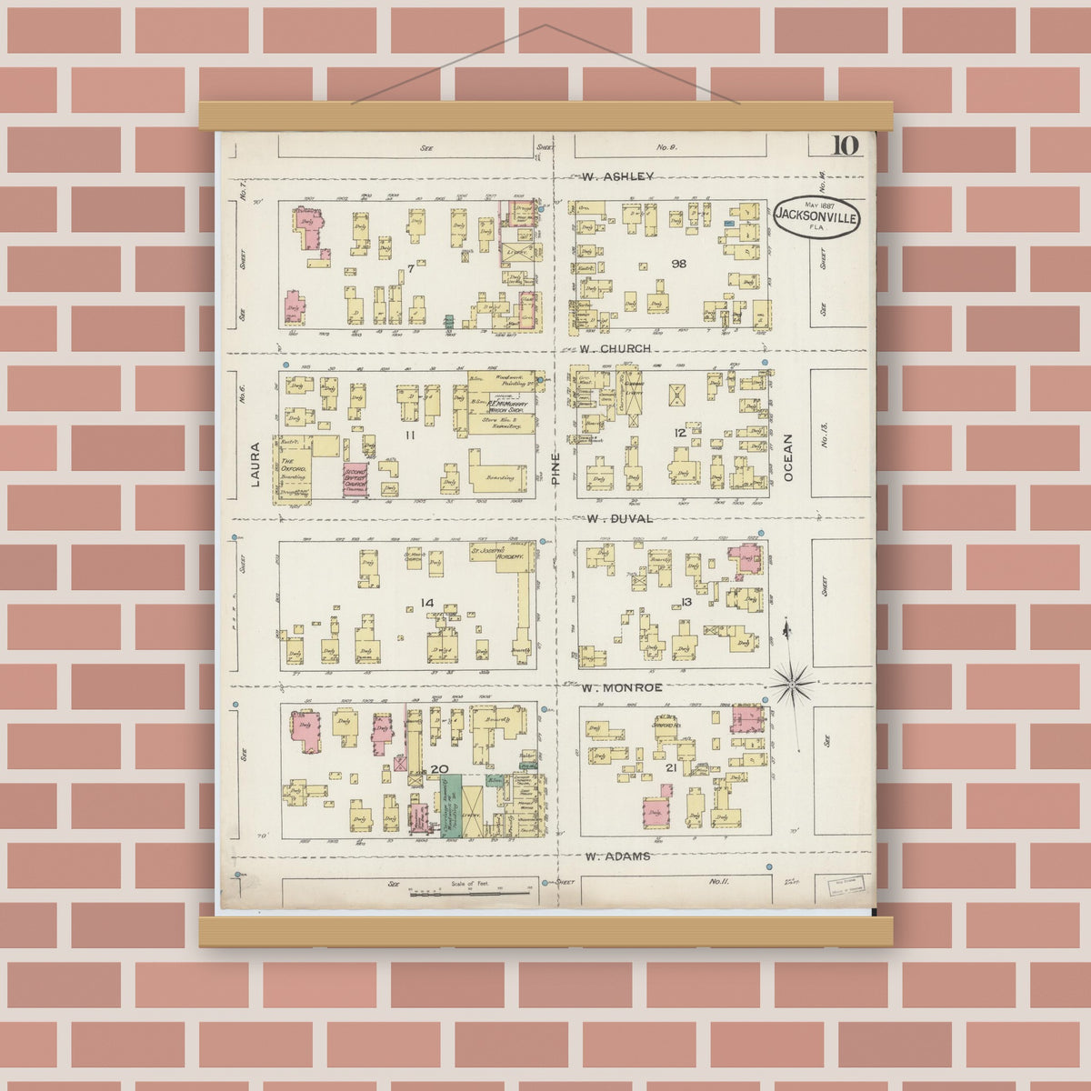 Old map wall art mockup — magnetic wood frame on brick wall — Sanborn Fire Insurance Map from Jacksonville, Duval County, Florida (1887), Sheet #0010