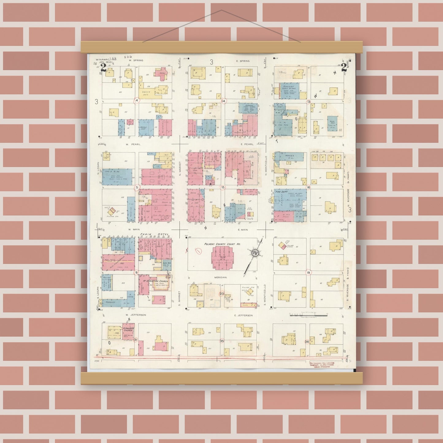 Old map wall art mockup — magnetic wood frame on brick wall — Sanborn Fire Insurance Map from Winamac, Pulaski County, Indiana (1943), Sheet #0002