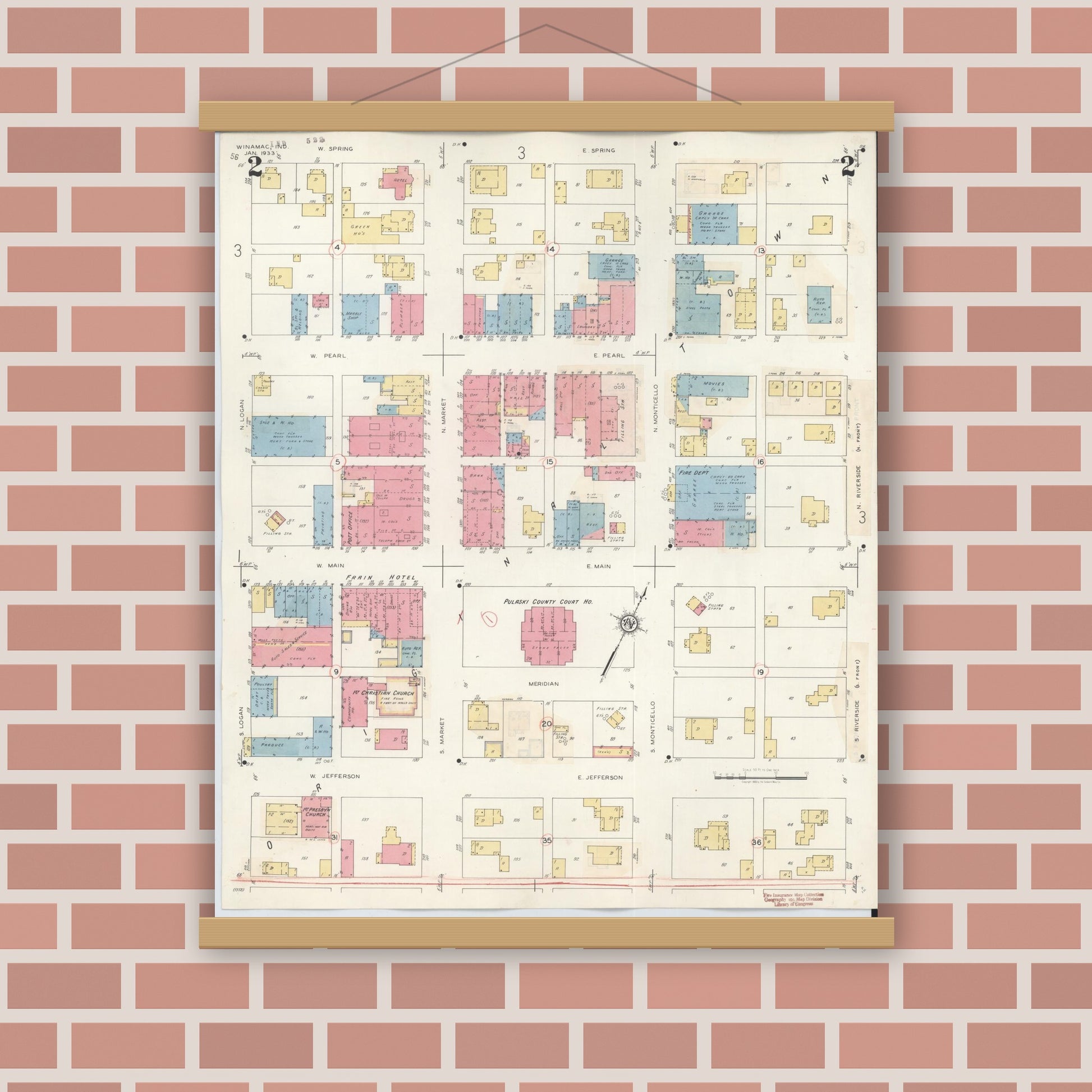 Old map wall art mockup — magnetic wood frame on brick wall — Sanborn Fire Insurance Map from Winamac, Pulaski County, Indiana (1943), Sheet #0002