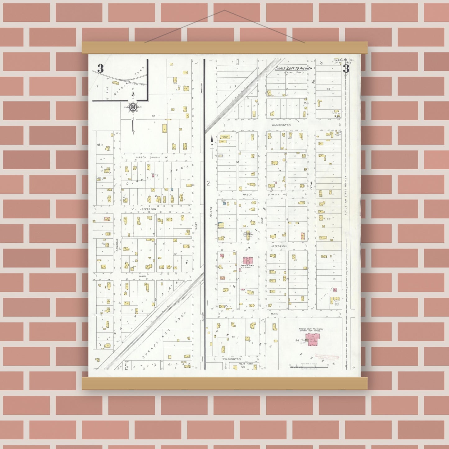 Old map wall art mockup — magnetic wood frame on brick wall — Sanborn Fire Insurance Map from Gardner, Grundy County, Illinois (1932), Sheet #0003