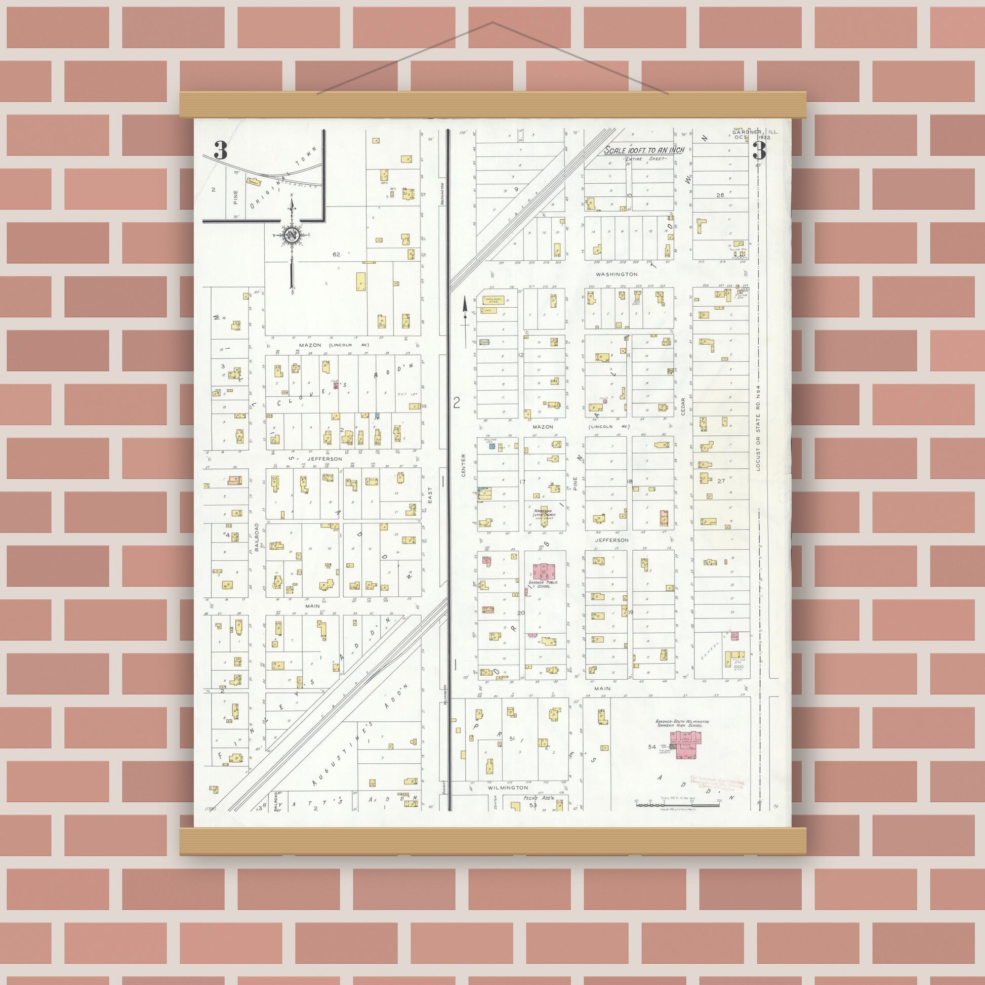 Old map wall art mockup — magnetic wood frame on brick wall — Sanborn Fire Insurance Map from Gardner, Grundy County, Illinois (1932), Sheet #0003