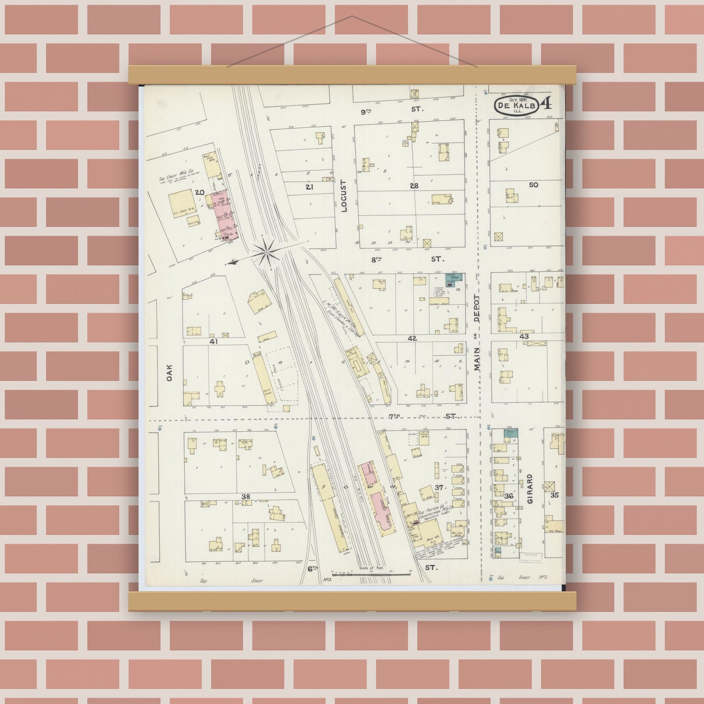 Old map wall art mockup — magnetic wood frame on brick wall — Sanborn Fire Insurance Map from De Kalb, De Kalb County, Illinois (1891), Sheet #0004