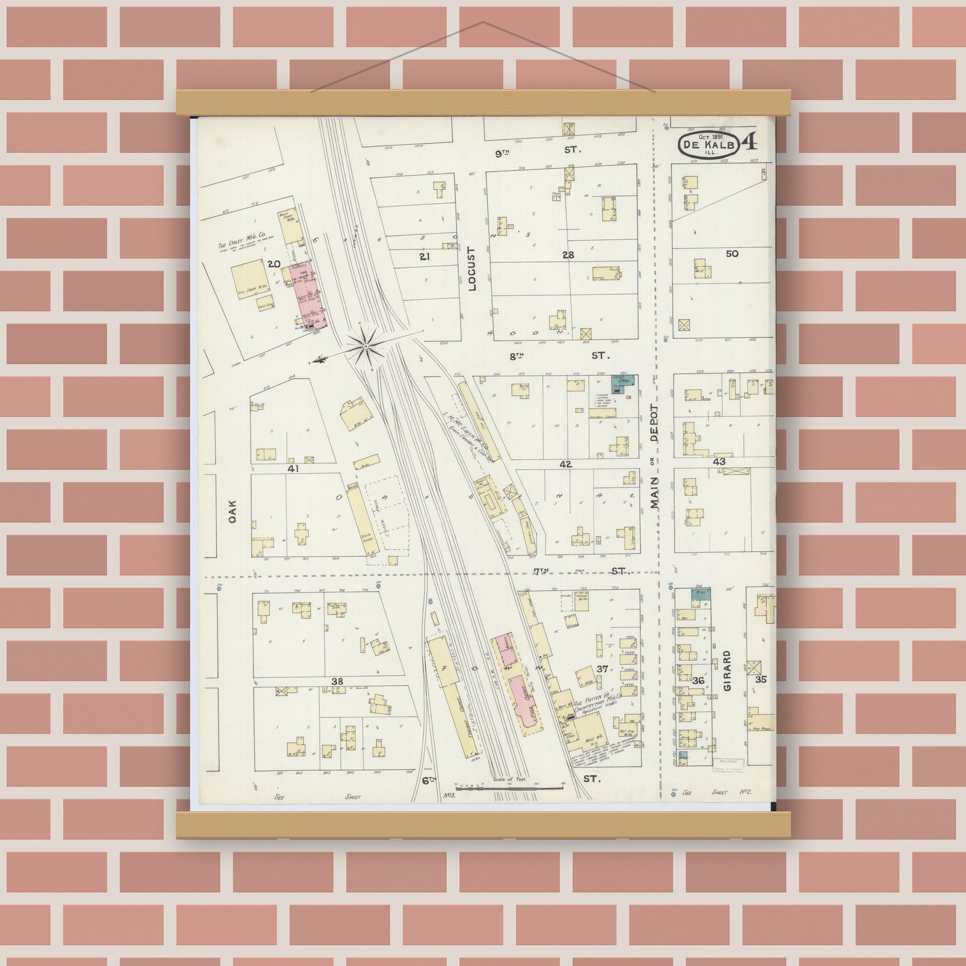 Old map wall art mockup — magnetic wood frame on brick wall — Sanborn Fire Insurance Map from De Kalb, De Kalb County, Illinois (1891), Sheet #0004
