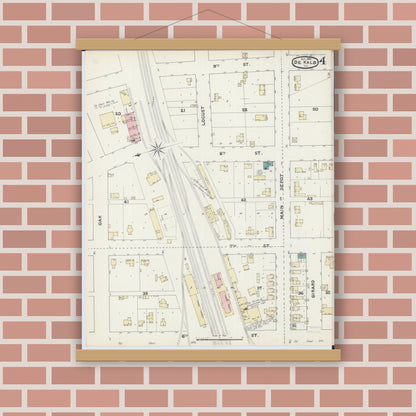 Old map wall art mockup — magnetic wood frame on brick wall — Sanborn Fire Insurance Map from De Kalb, De Kalb County, Illinois (1891), Sheet #0004