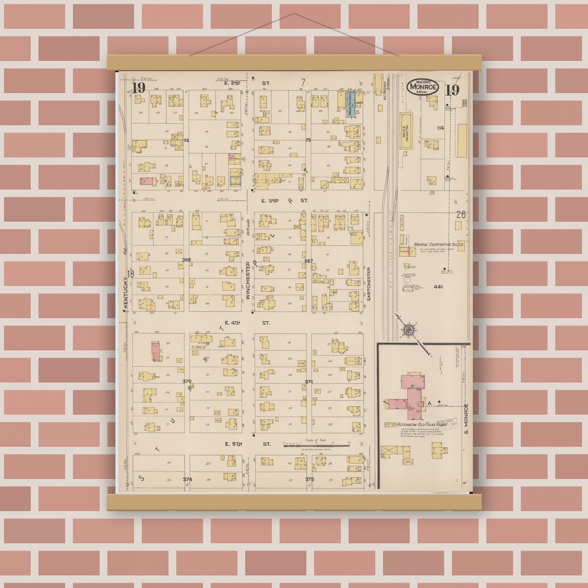 Old map wall art mockup — magnetic wood frame on brick wall — Sanborn Fire Insurance Map from Monroe, Monroe County, Michigan (1922), Sheet #0019