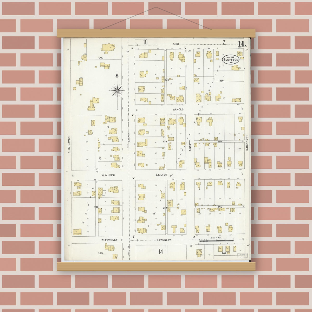 Old map wall art mockup — magnetic wood frame on brick wall — Sanborn Fire Insurance Map from Bluffton, Wells County, Indiana (1906), Sheet #0011