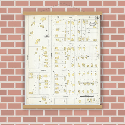 Old map wall art mockup — magnetic wood frame on brick wall — Sanborn Fire Insurance Map from Bluffton, Wells County, Indiana (1906), Sheet #0011