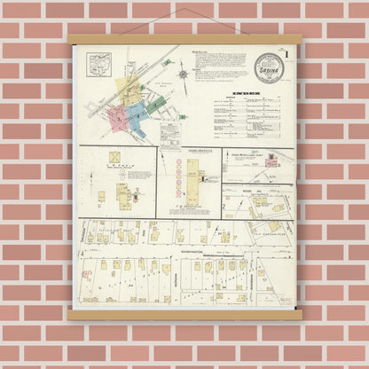 Old map wall art mockup — magnetic wood frame on brick wall — Sanborn Fire Insurance Map from Sabina, Clinton County, Ohio (1914), Sheet #0001
