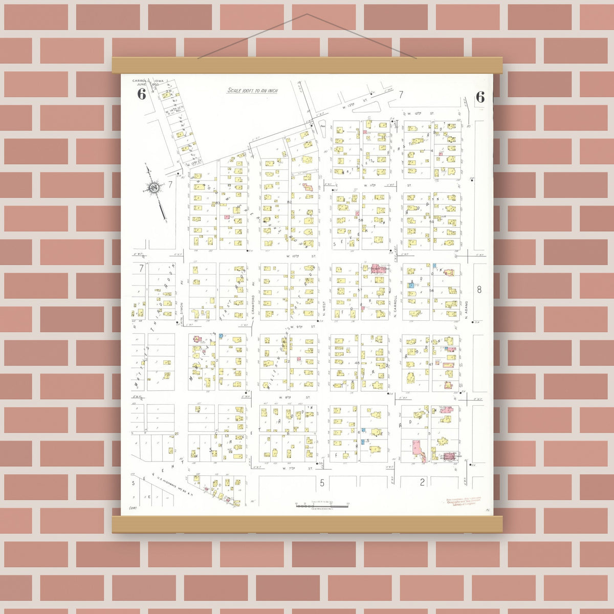 Old map wall art mockup — magnetic wood frame on brick wall — Sanborn Fire Insurance Map from Carroll, Carroll County, Iowa (1935), Sheet #0006