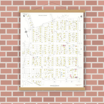 Old map wall art mockup — magnetic wood frame on brick wall — Sanborn Fire Insurance Map from Carroll, Carroll County, Iowa (1935), Sheet #0006