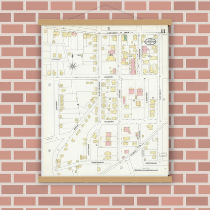 Old map wall art mockup — magnetic wood frame on brick wall — Sanborn Fire Insurance Map from Staunton, Independent Cities, Virginia (1904), Sheet #0011