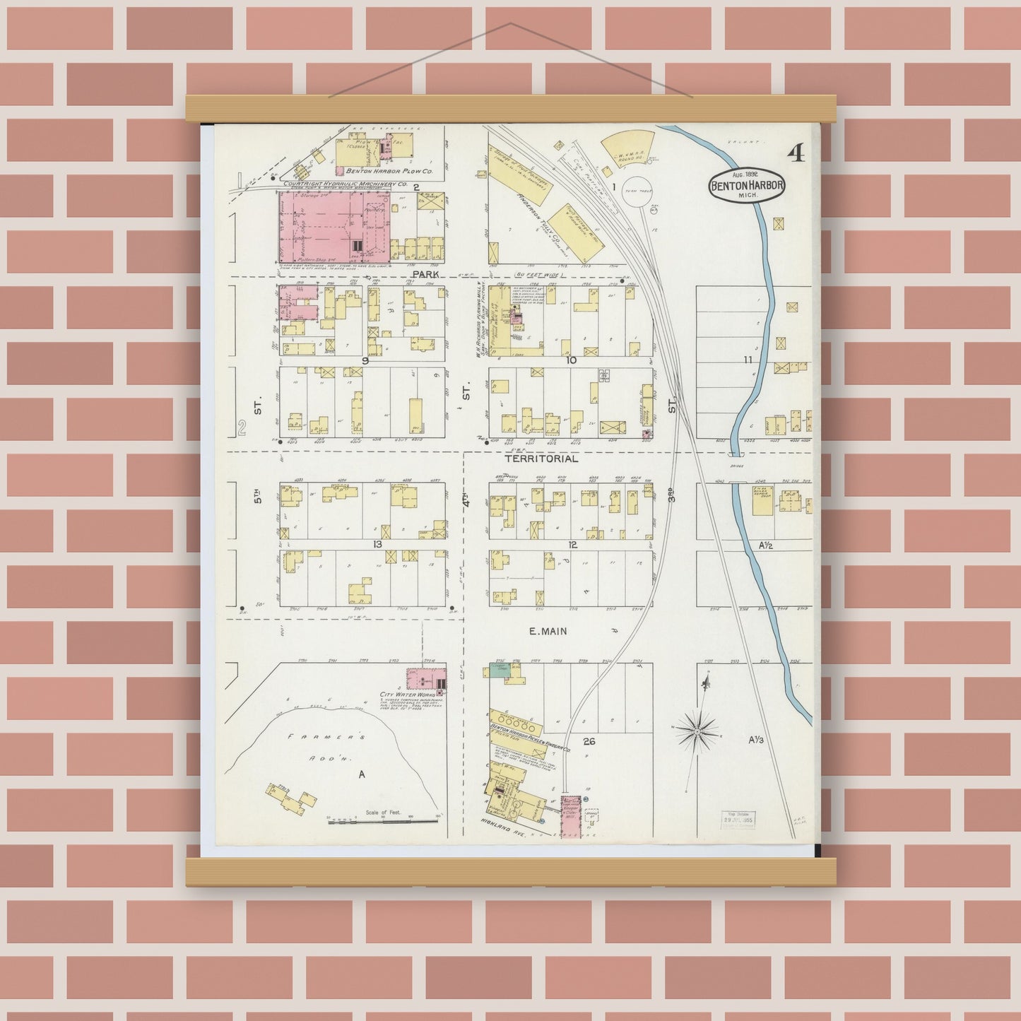 Old map wall art mockup — magnetic wood frame on brick wall — Sanborn Fire Insurance Map from Benton Harbor, Berrien County, Michigan (1892), Sheet #0004