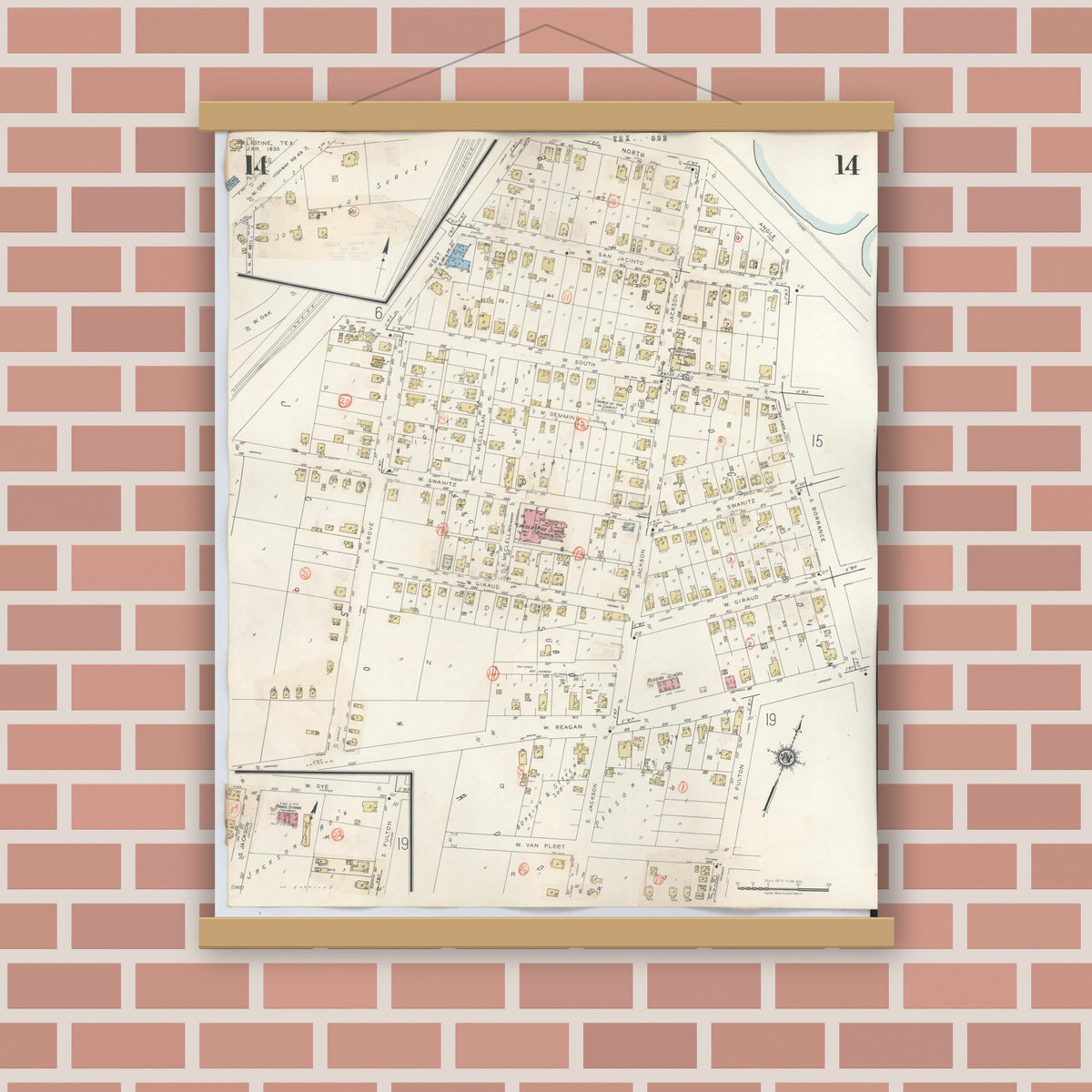 Old map wall art mockup — magnetic wood frame on brick wall — Sanborn Fire Insurance Map from Palestine, Anderson County, Texas (1949), Sheet #0014