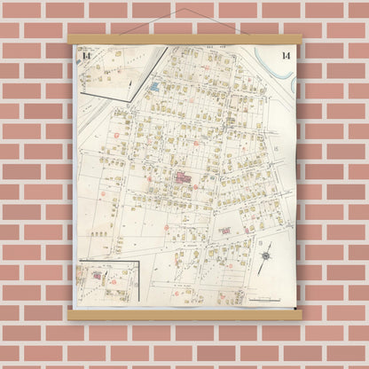 Old map wall art mockup — magnetic wood frame on brick wall — Sanborn Fire Insurance Map from Palestine, Anderson County, Texas (1949), Sheet #0014