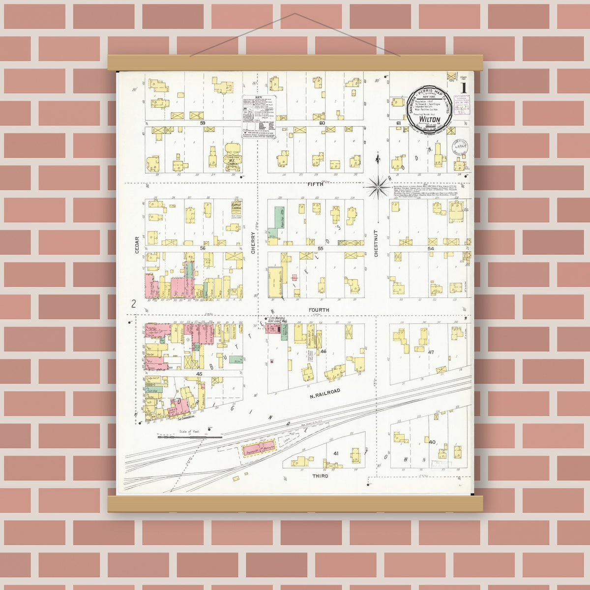 Old map wall art mockup — magnetic wood frame on brick wall — Sanborn Fire Insurance Map from Wilton Junction, Muscatine County, Iowa (1901) â€” Complete Set