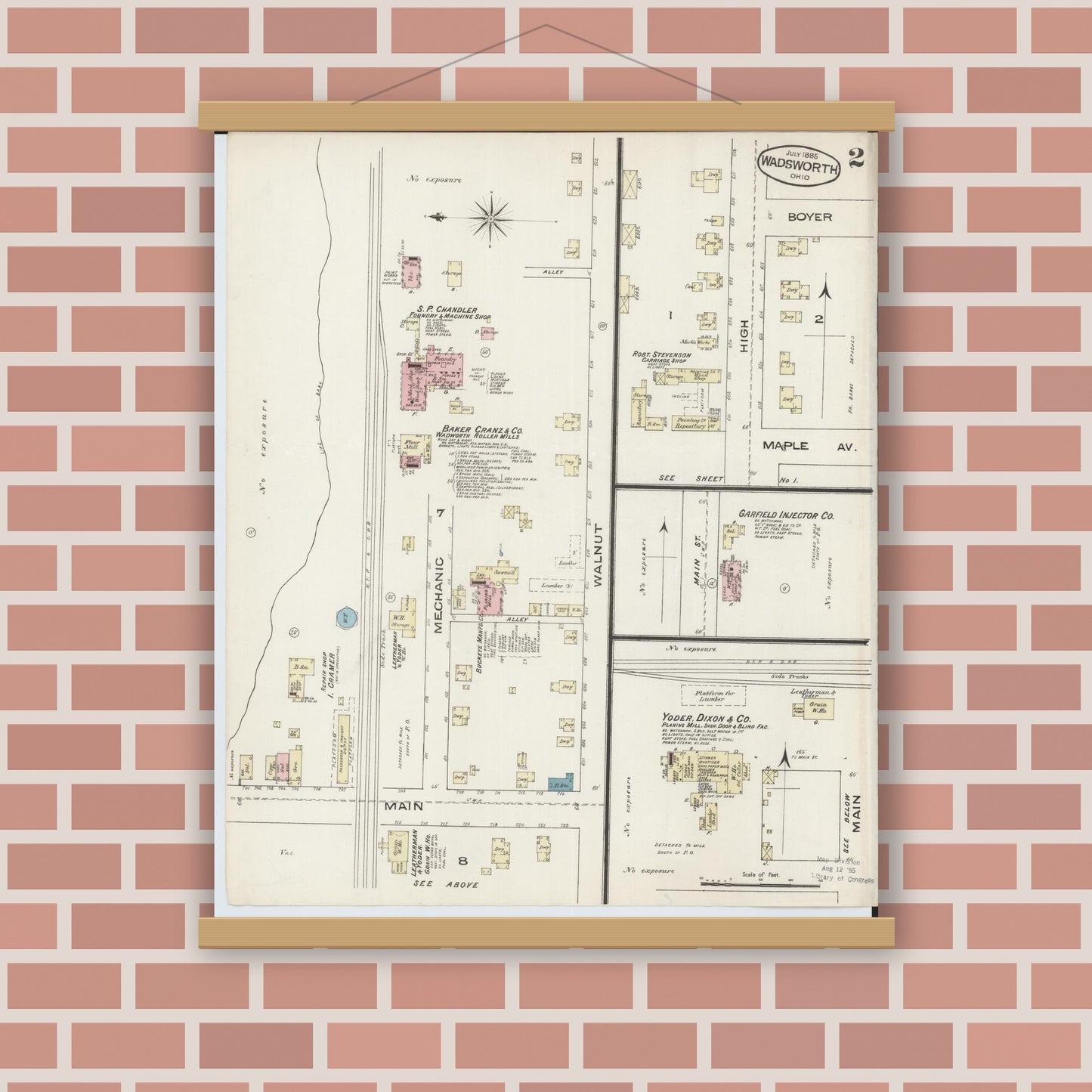 Old map wall art mockup — magnetic wood frame on brick wall — Sanborn Fire Insurance Map from Wadsworth, Medina County, Ohio (1885), Sheet #0002